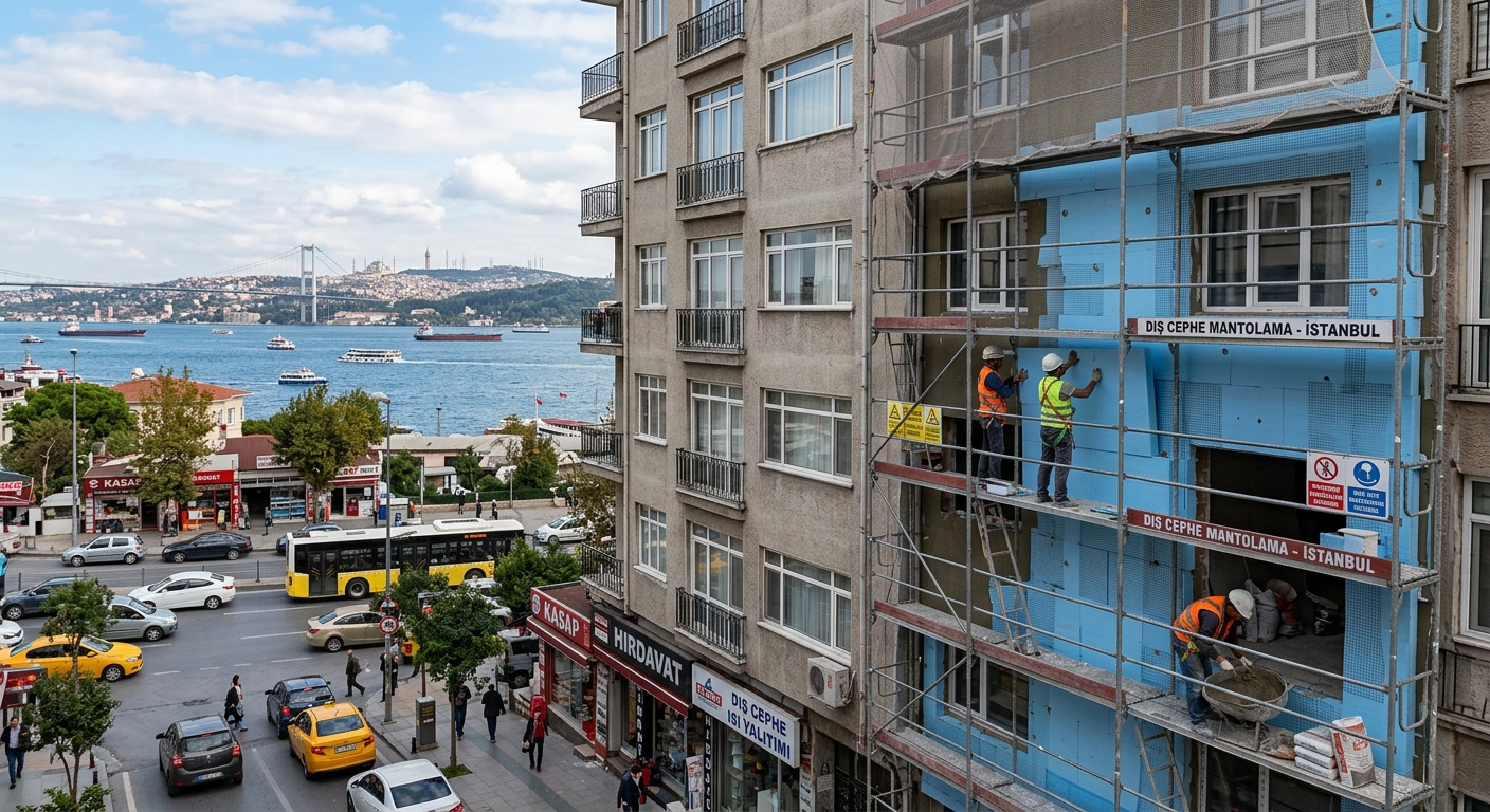 İstanbul Boğaz manzaralı binada mavi mantolama levhalarıyla dış cephe yalıtımı