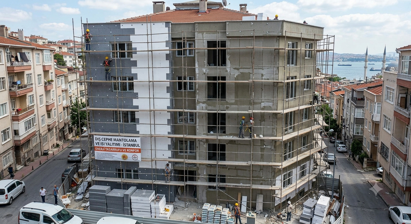 İstanbul'da çok katlı binada iskeleyle dış cephe mantolama ve montaj çalışması