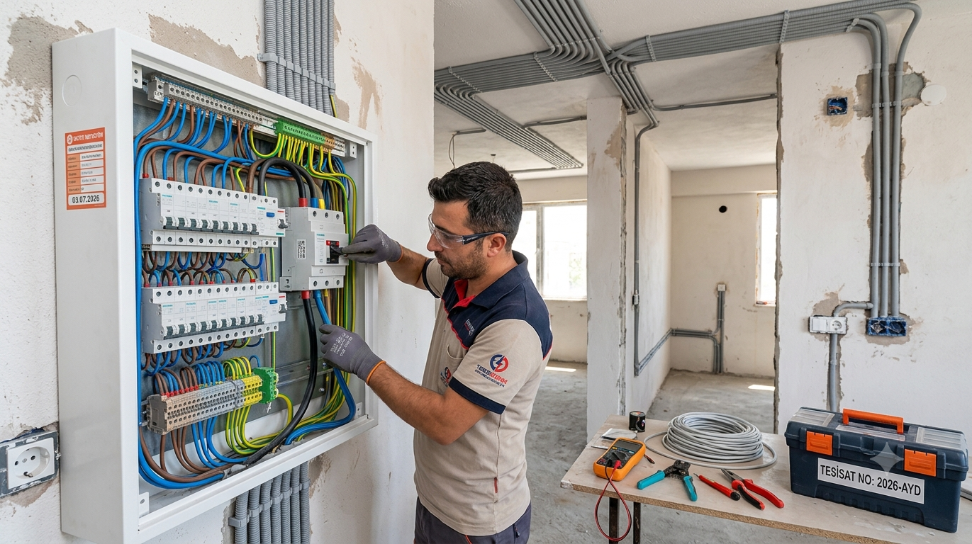 Yetkili elektrik ustası sigorta panosunda topraklama ve kaçak akım rölesi kontrolü yaparken