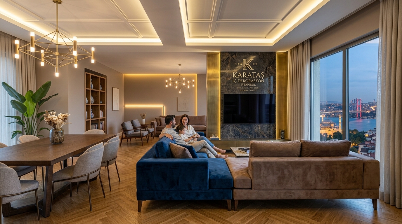 Karataş Parke ve İç Dekorasyon ile yenilenmiş İstanbul Boğaziçi manzaralı salon, parke zemin ve TV ünitesi