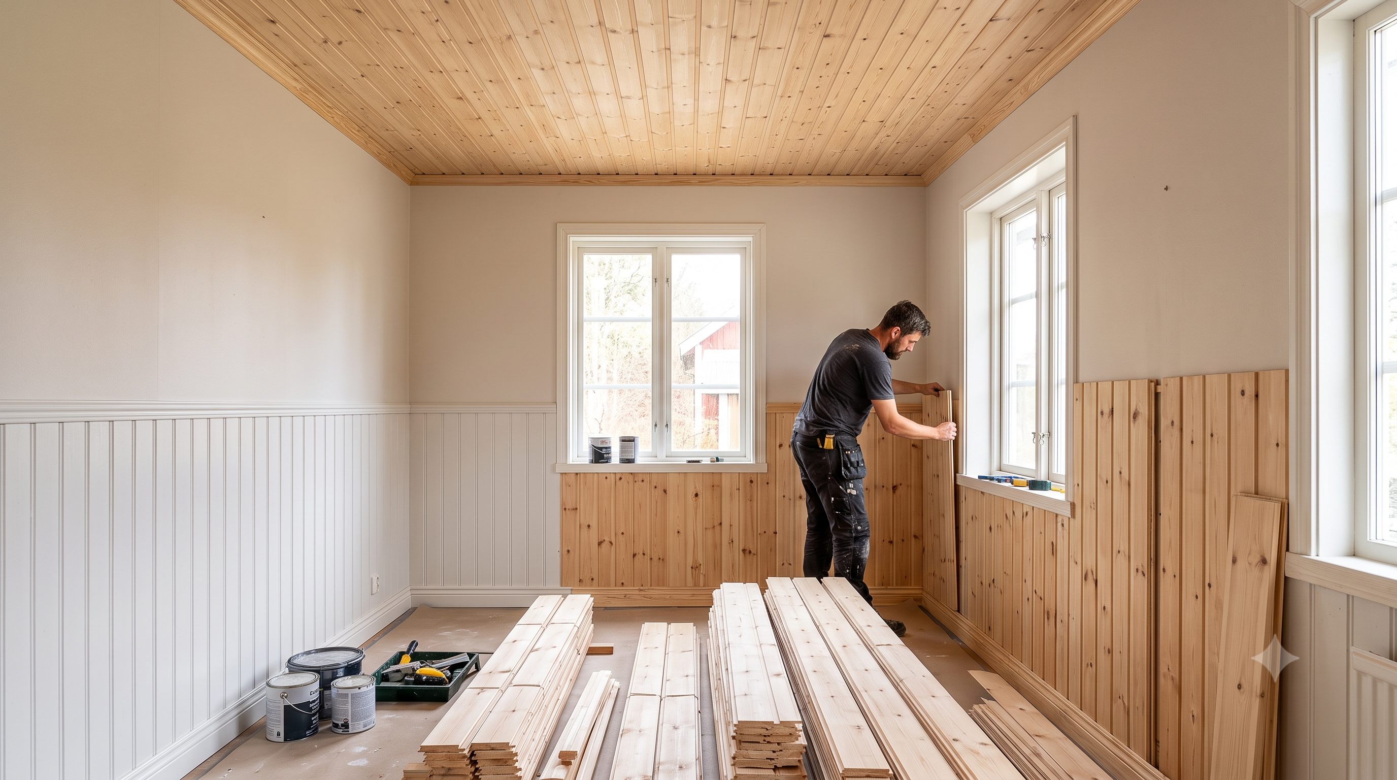 Usta tavan ve duvara ahşap lambiri panel montajı yaparken